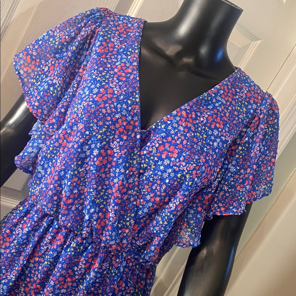 Peach Love California Blue Red Yellow White Sheer Floral Mini Dress - Picture 4 of 15